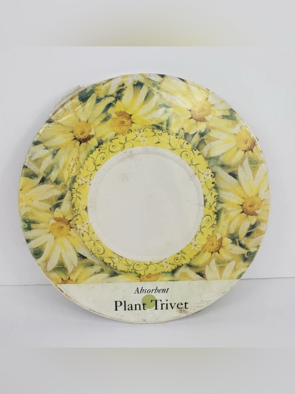 Vintage Trivet Absorbent Stone Plant Stand 7” Yellow Daisy Cork Bottom 2004